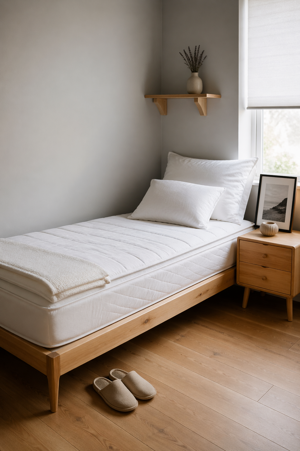 Уютный уголок спальни с кроватью и белым матрасом IKEA