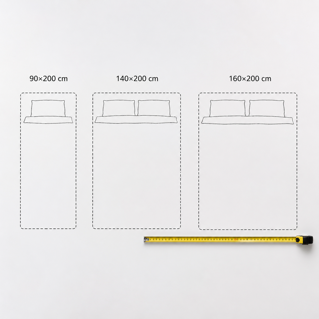 Сравнение размеров кроватей IKEA: 90×200, 140×200 и 160×200 — вид сверху с разметкой