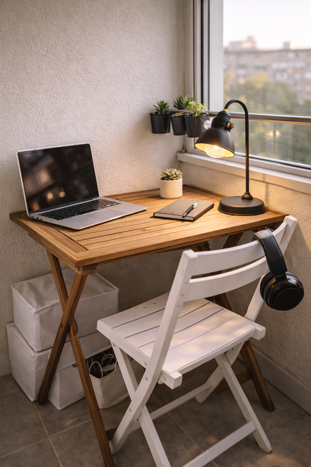 Кабинет на лоджии: складной стол ASKHOLMEN, лампа TÄRNABY и ноутбук