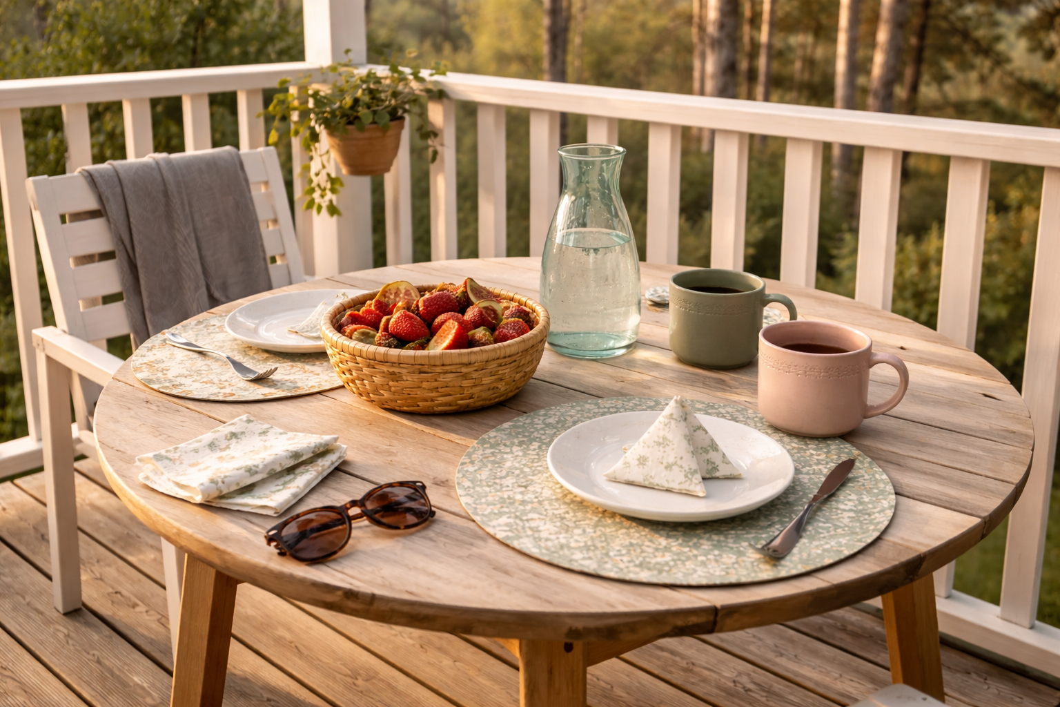 Коллекция SMÖRFISK на открытой веранде — ротанговая корзина и текстиль