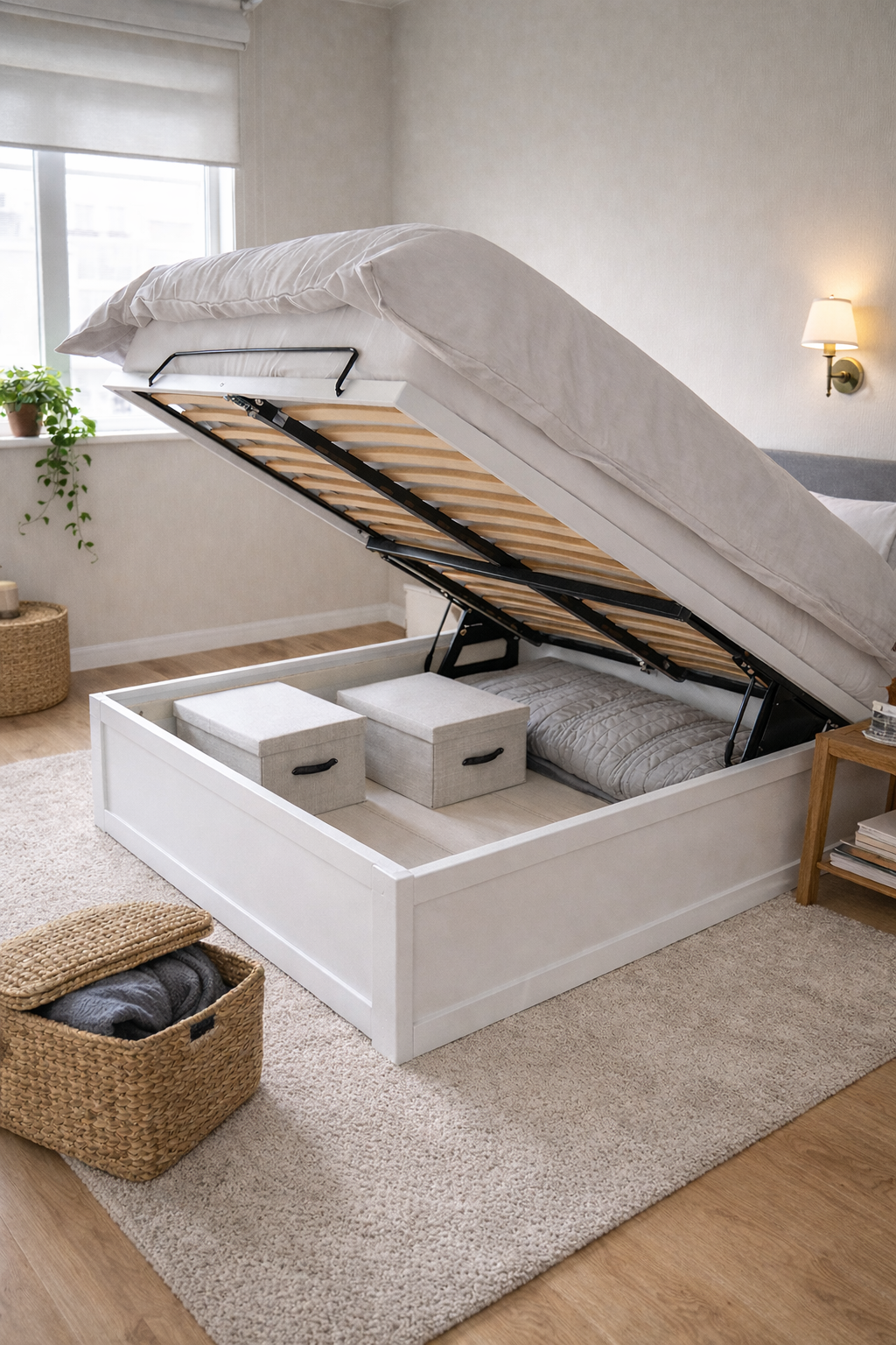 Газлифтный подъёмный механизм кровати 160×200 в открытом положении с ящиком для хранения