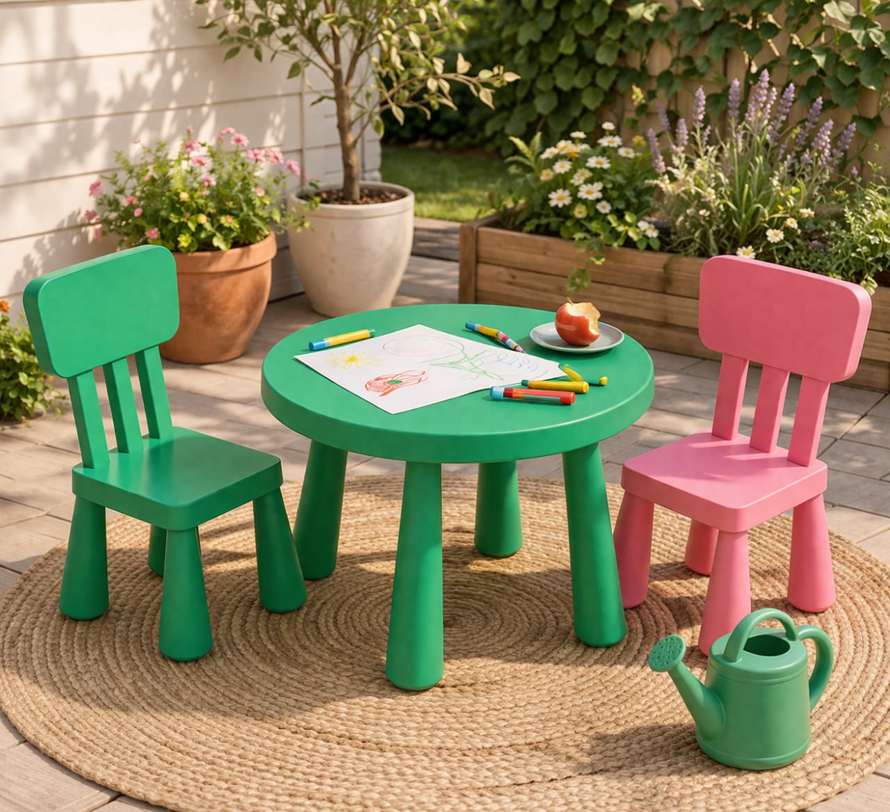 Детская зона на свежем воздухе — стол и стулья MAMMUT для рисования