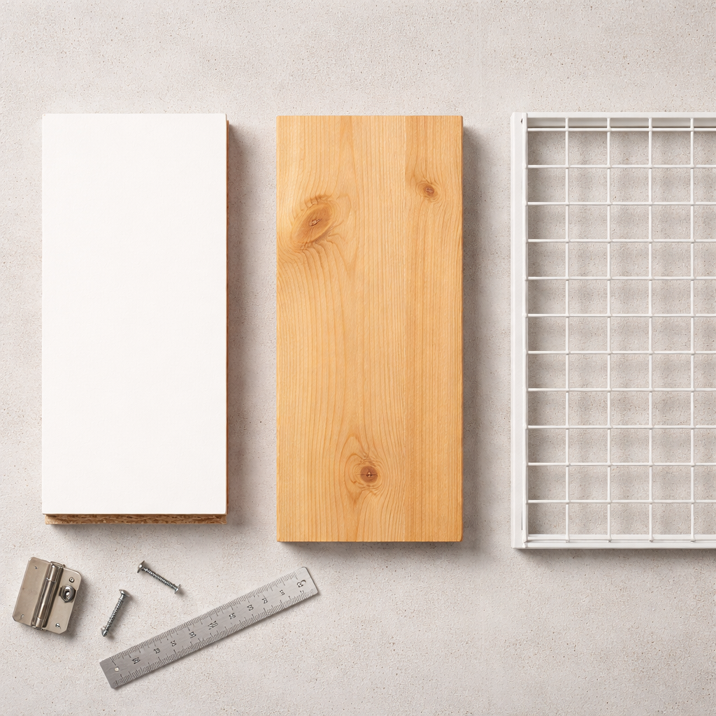 Образцы материалов для обувницы — ЛДСП, металл, массив сосны, МДФ