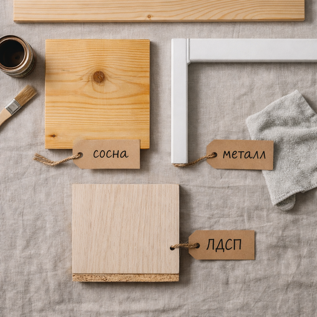 Сравнение материалов для кровати: образец массива сосны, белая металлическая труба с порошковым покрытием и кусок ЛДСП на сером льняном фоне