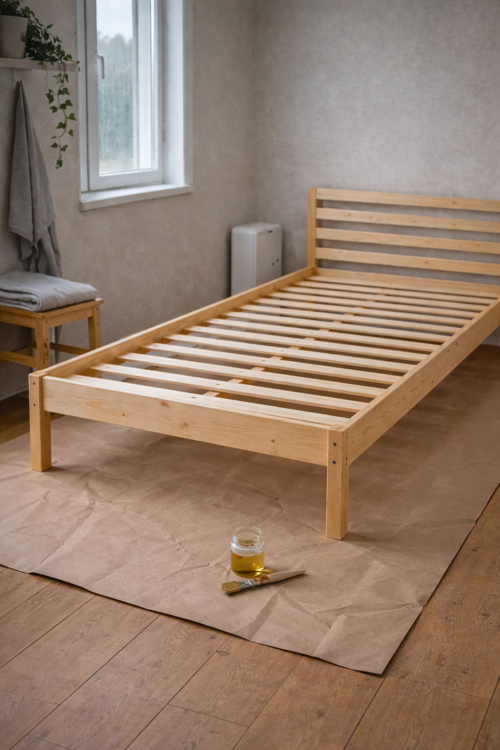 Лакированный сосновый каркас кровати на даче с банкой лака и кистью на полу, приоткрытое окно для вентиляции