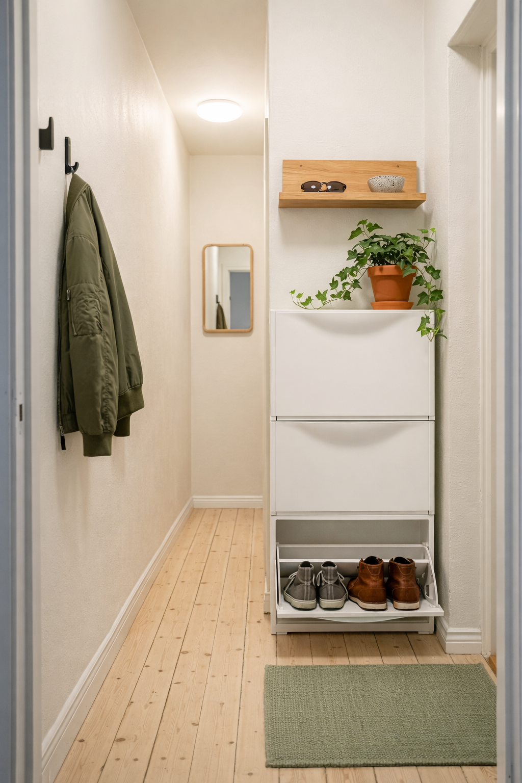 Узкая прихожая 60–80 см с модульной обувницей TRONES у стены