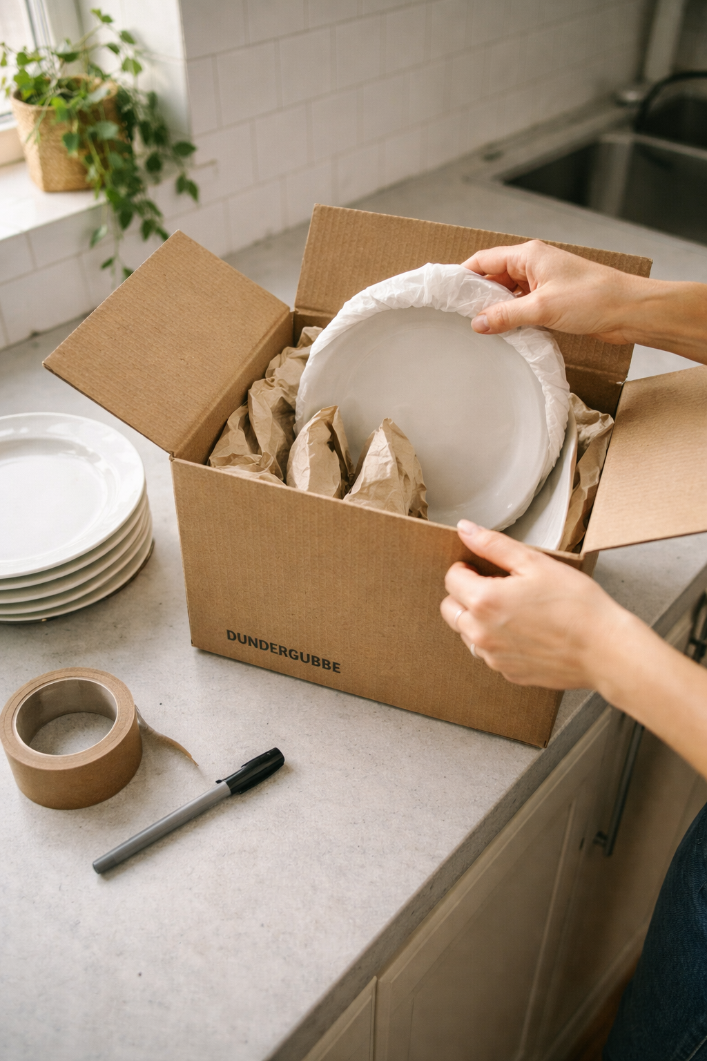 Хрупкая посуда аккуратно упакована в картонную коробку с бумагой: тарелки стоят на ребро, стаканы обёрнуты, между слоями — пупырчатая плёнка