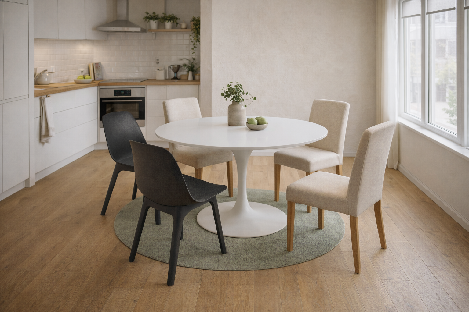 Панорама кухни-столовой: стулья BERGMUND и ODGER за круглым обеденным столом