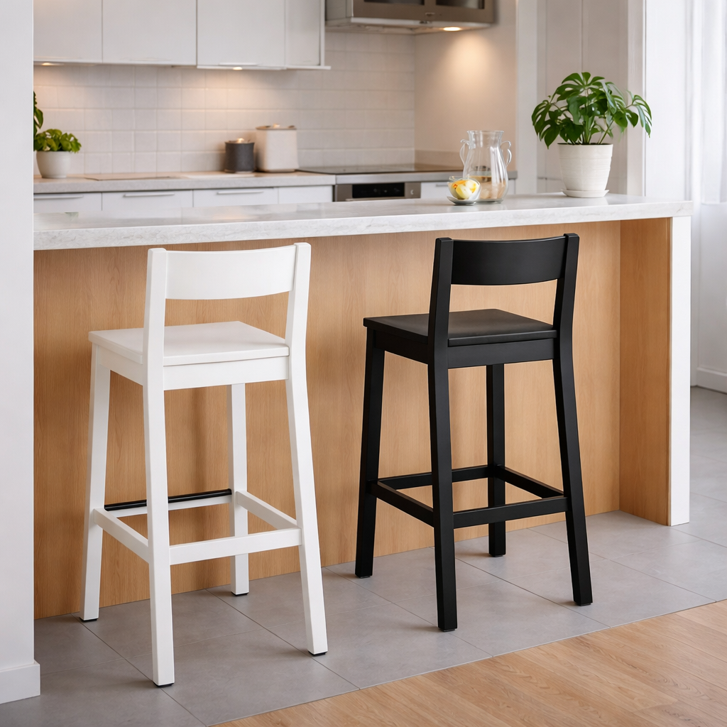 Барные стулья NORDVIKEN белый и чёрный у барной стойки в кухне-студии