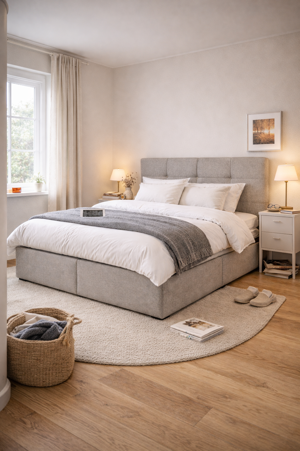 Скандинавский интерьер спальни с кроватью 160×200 и мягким изголовьем