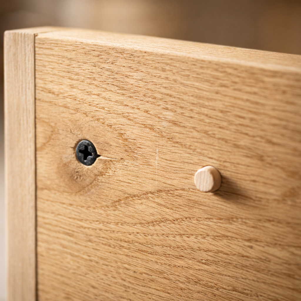 Текстура массива берёзы и дубового шпона на каркасе кровати HEMNES