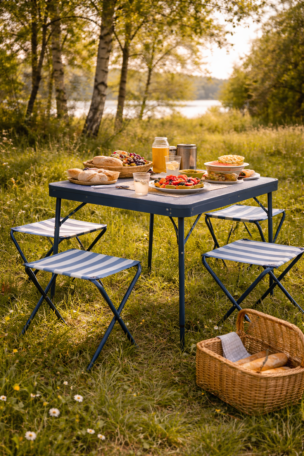 Складной стол и стулья STRANDÖN в синем цвете на зелёном лугу, на столе — посуда и арбуз