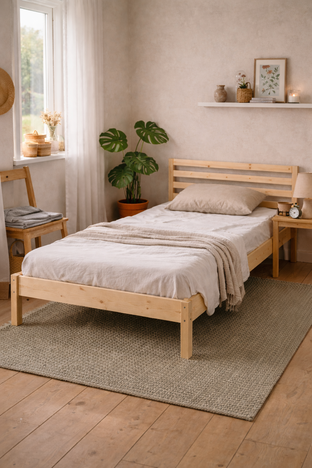 Простая кровать TARVA из массива сосны в светлой дачной комнате с серым одеялом и зелёным ковриком