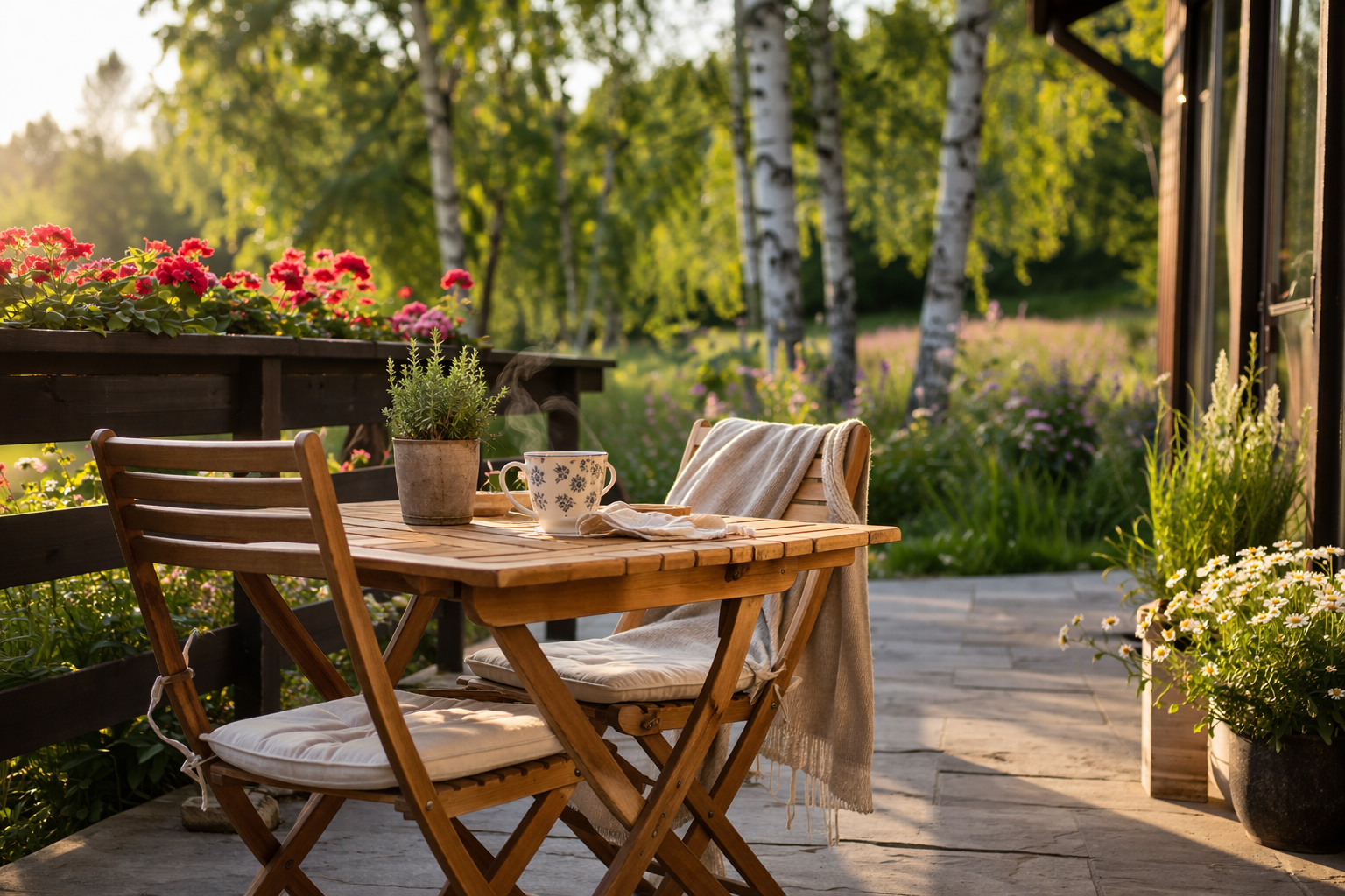 Три комплекта садовой мебели на террасе: складной деревянный, синий для пикника и детский