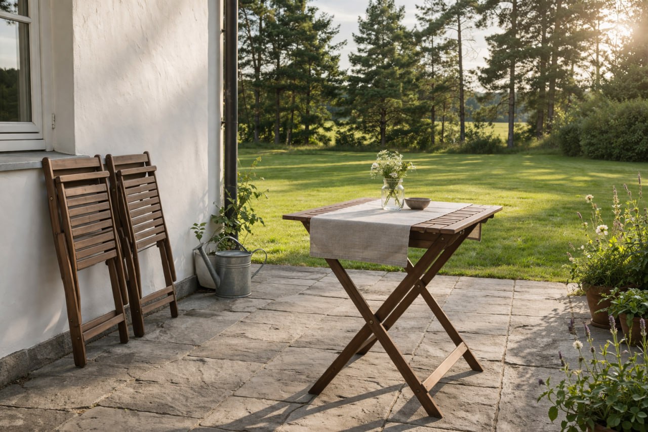 Уютная терраса загородного дома — складной стол и стулья ASKHOLMEN из массива акации с видом на сад