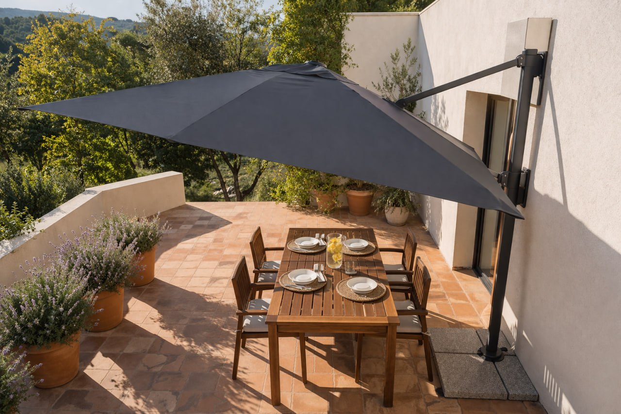 Терраса с обеденным столом и большим зонтом от солнца