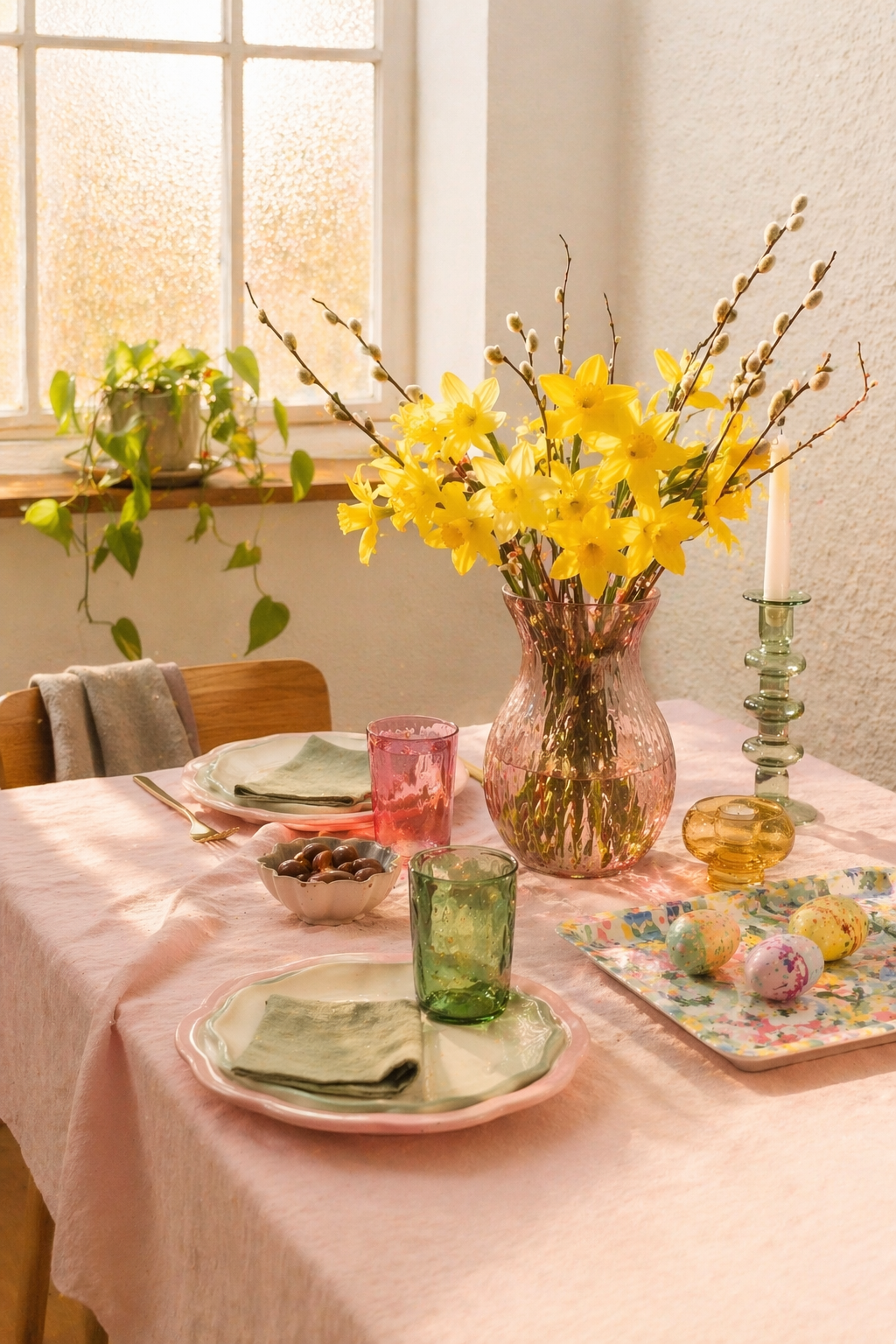 Пасхальная сервировка 2026 с коллекцией TJÄRLEK — тарелки, бокалы и весенний декор на праздничном столе