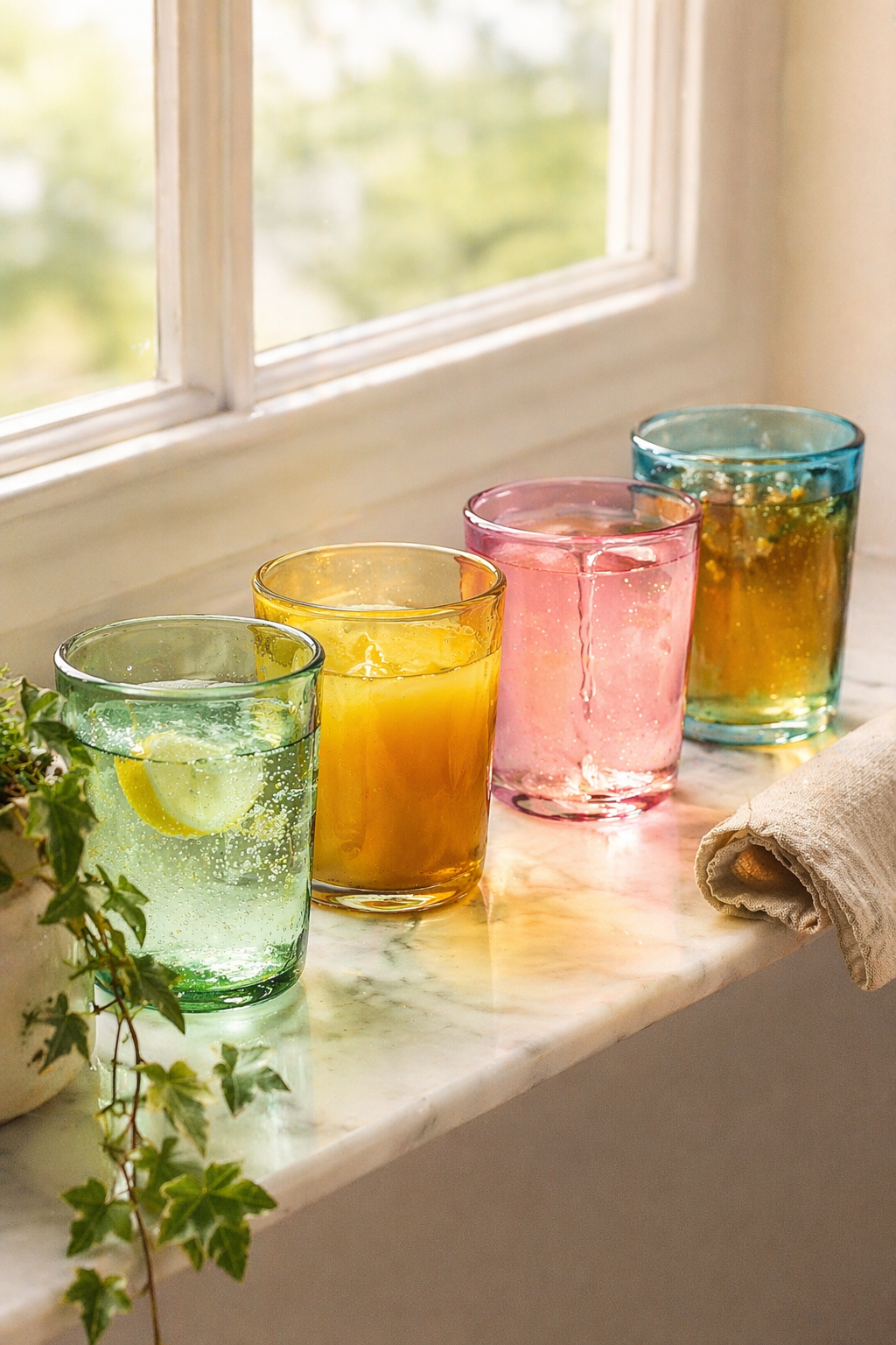 Набор из четырёх цветных стаканов TJÄRLEK из выдувного стекла — зелёный, жёлтый, розовый и голубой на белом подоконнике