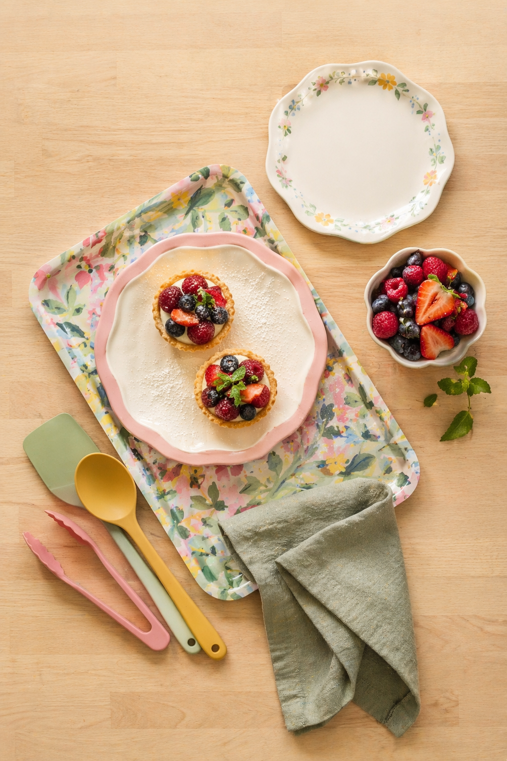 Тарелки и подносы TJÄRLEK с цветочными мотивами — слоёная подача десертов на светлом столе