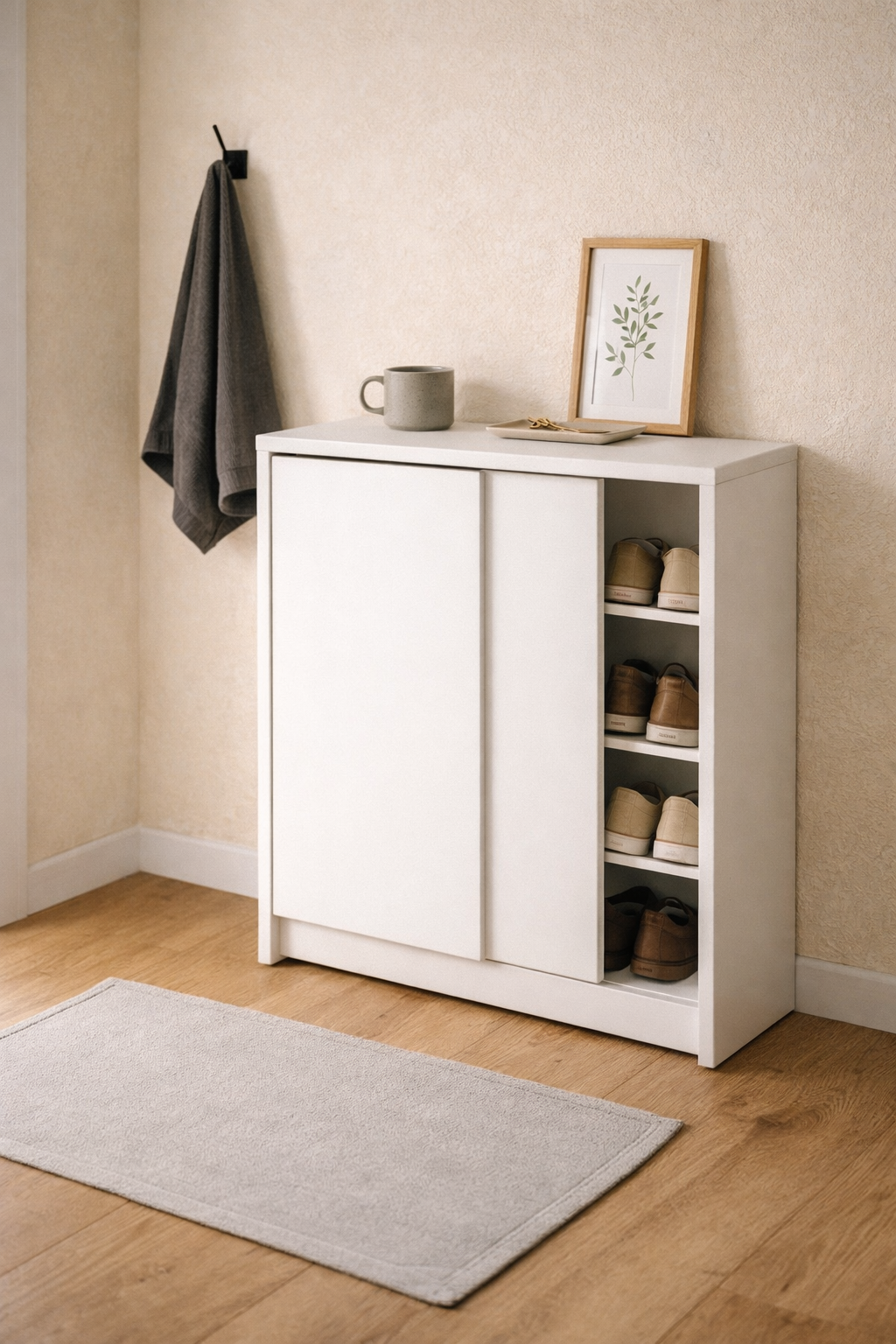 Закрытый шкаф-обувница в прихожей — белая модель с дверцами