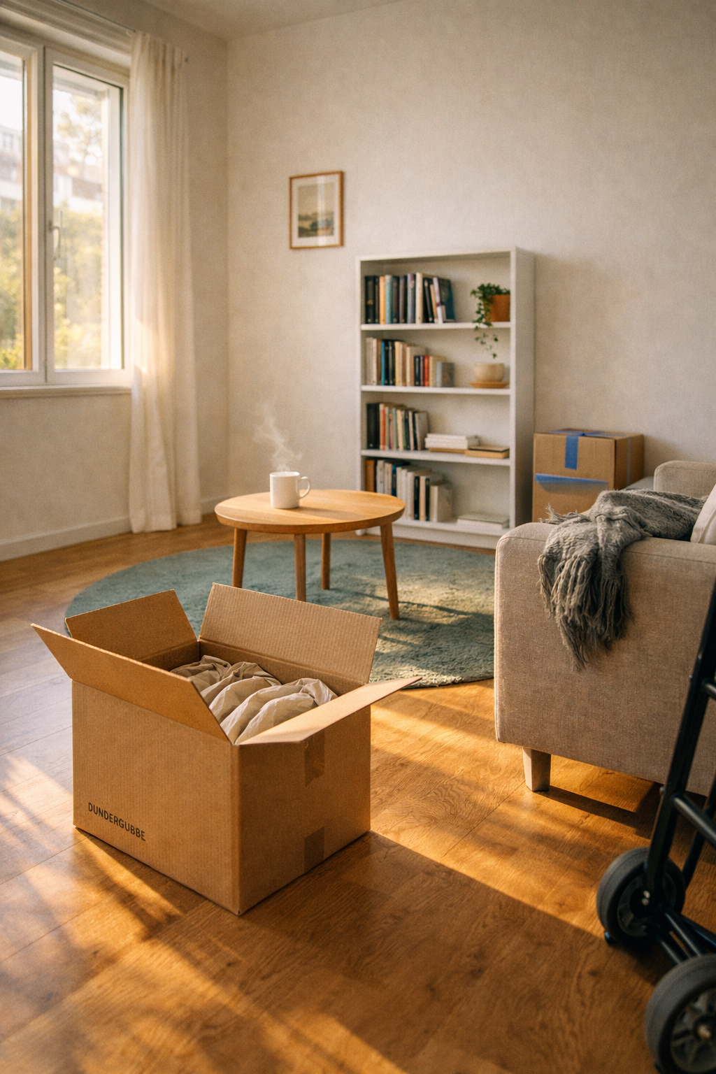 Организованное пространство после переезда: распакованные коробки, вещи на полках, чистая кухня в скандинавском стиле