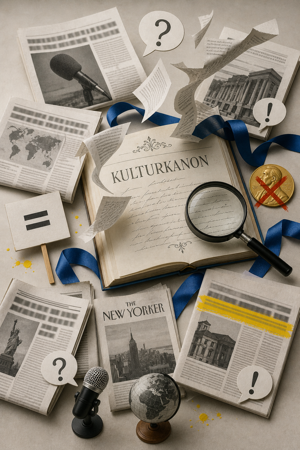 Концептуальная иллюстрация реакции на культурный канон: разлетающиеся газеты, лупа, знаки вопроса, перечёркнутая Нобелевская медаль