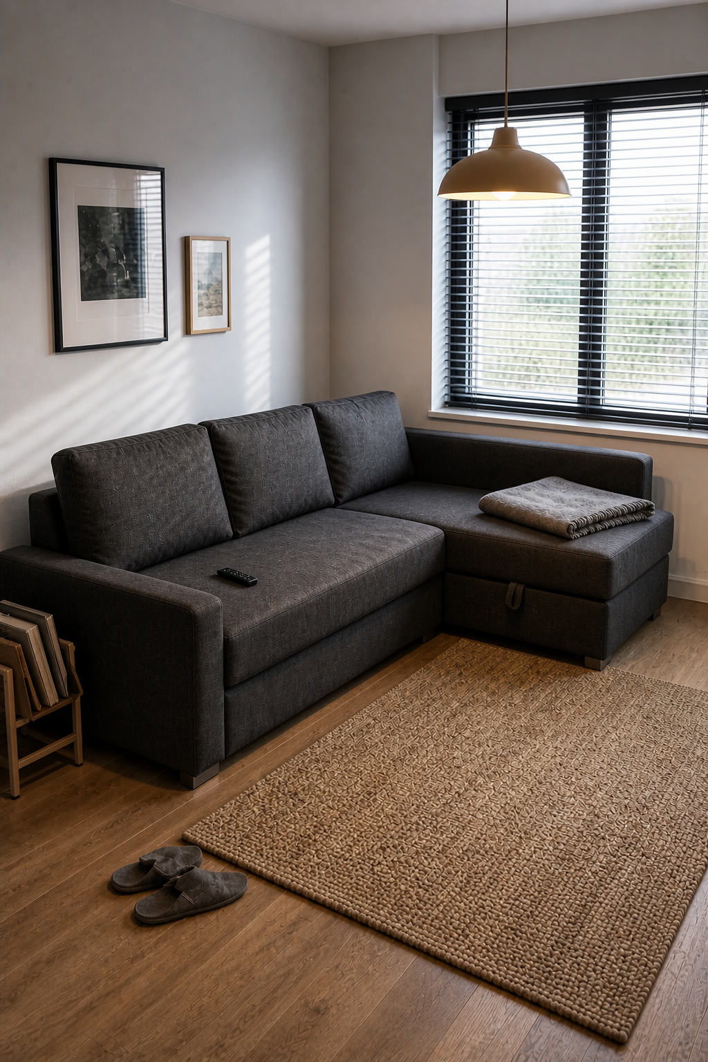 Угловой диван-кровать IKEA FRIHETEN 224×151 см в гостиной 16 м² — тёмно-серый Skiftebo, механизм дельфин