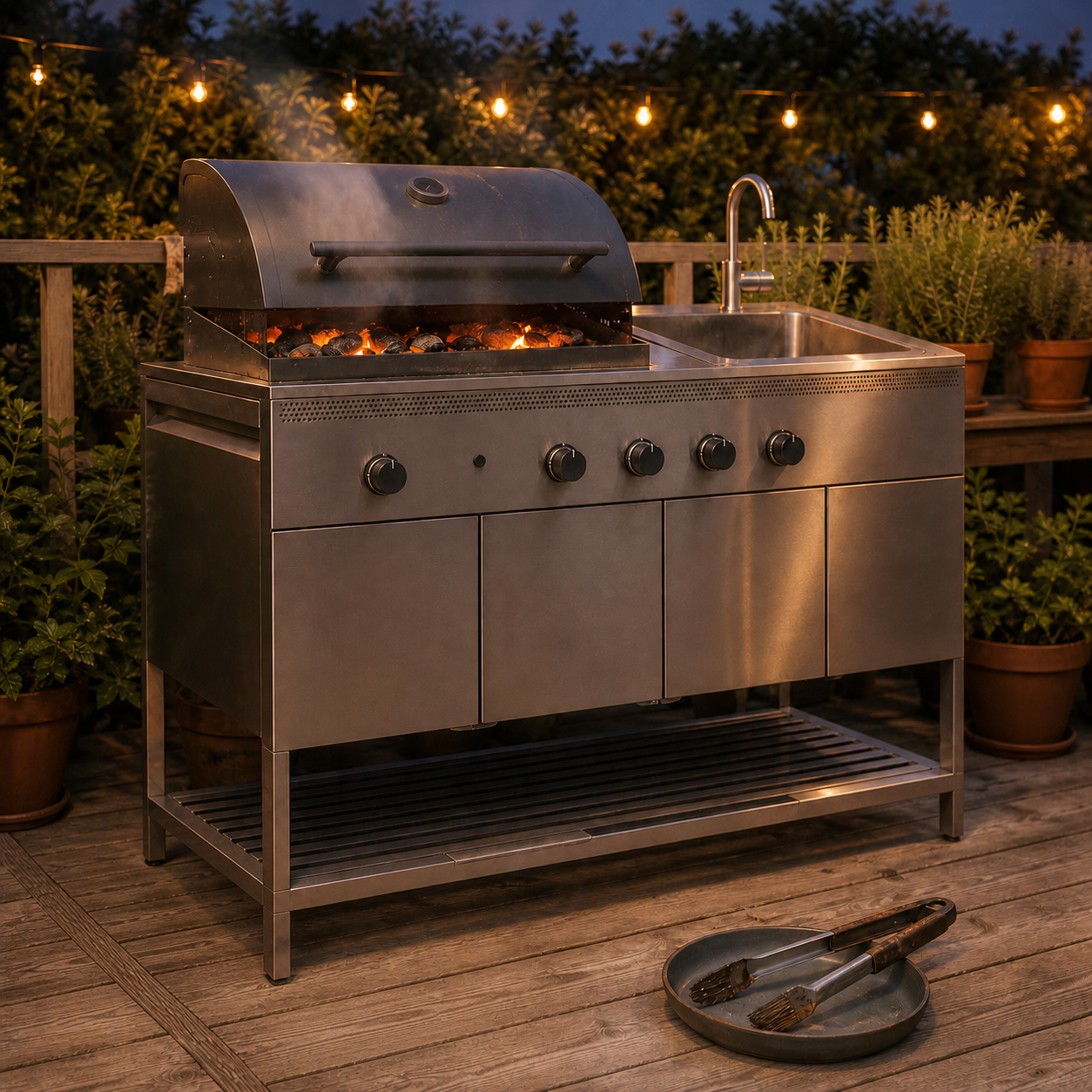 Угольный гриль GRILLSKÄR из нержавеющей стали на деревянной террасе с садовой мебелью