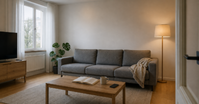 Скандинавская гостиная 18 м² с серым диваном IKEA SÖDERHAMN, светлый дубовый пол, минималистичный интерьер