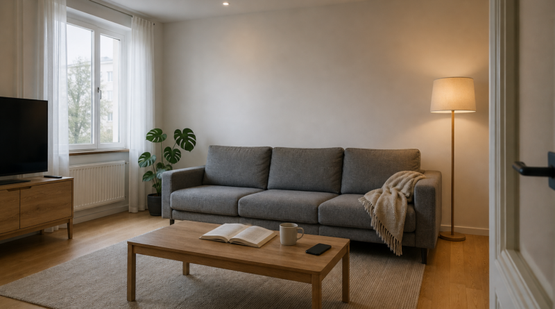 Скандинавская гостиная 18 м² с серым диваном IKEA SÖDERHAMN, светлый дубовый пол, минималистичный интерьер