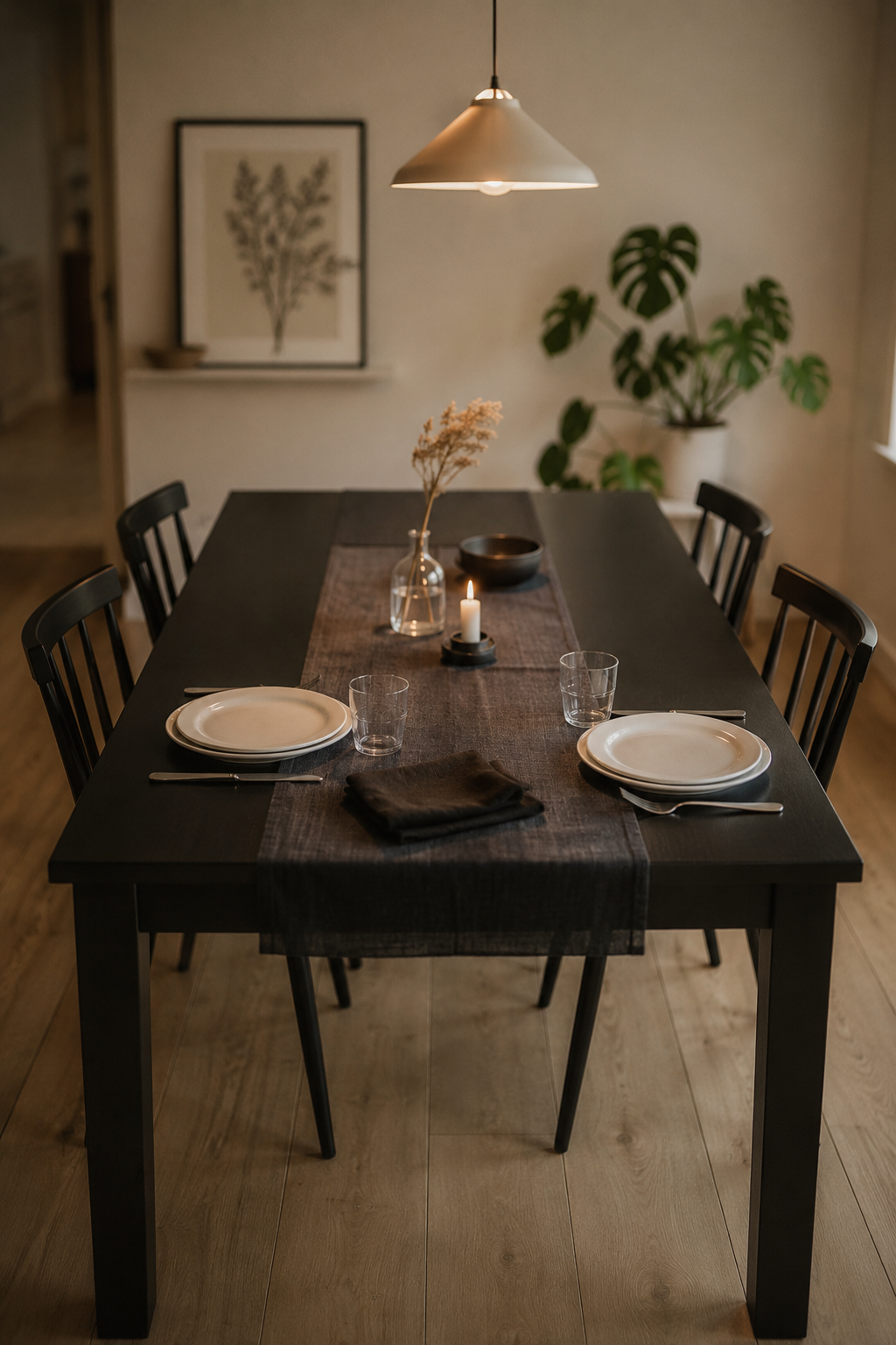 Чёрный раздвижной стол NORDVIKEN IKEA в разложенном состоянии на шесть персон