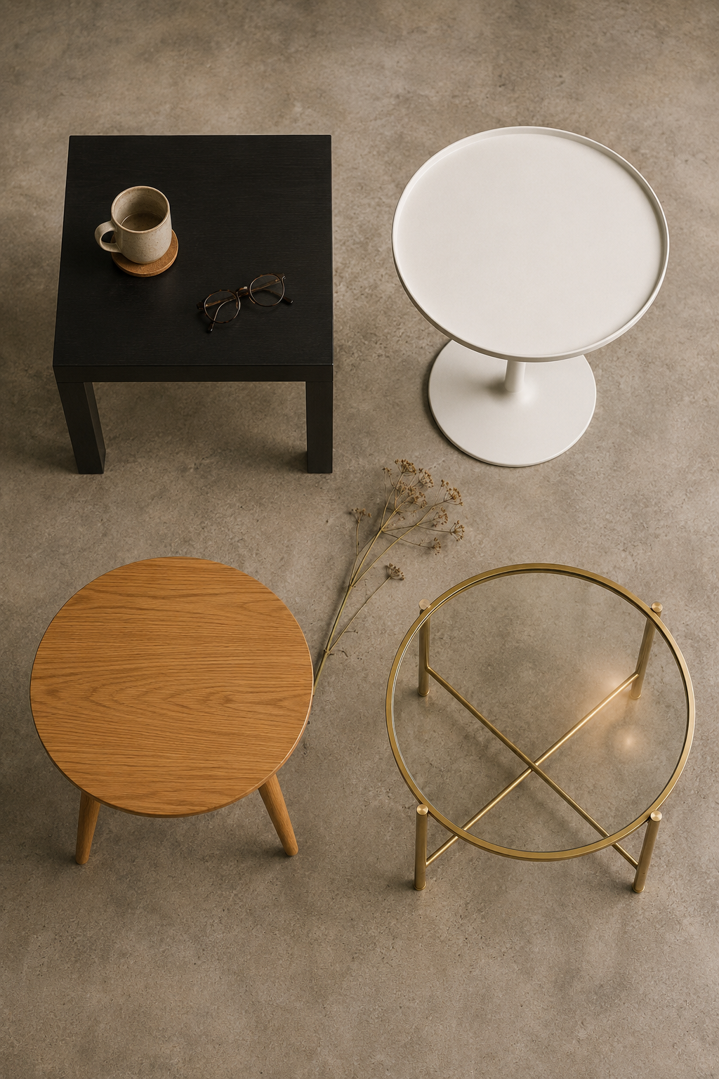 Верхний ракурс: четыре журнальных стола IKEA — LACK, ÖSTAVALL, JAKOBSFORS и TORSJÖ