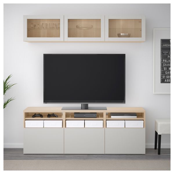 Шкаф для ТВ, комбинированный, стекляные дверцы БЕСТО, под беленый дуб Синдвик, Лаппвикен светло-серый прозрачное стекло - фото 2