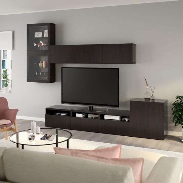 Шкаф для ТВ, комбинированный, стекляные дверцы, черно-коричневый/Лаппвикен черно-коричневый прозрачное стекло 300x42x211 см IKEA - фото 7