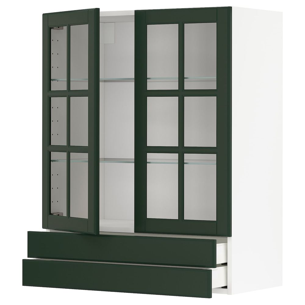 Навесной шкаф, 2 стеклянные дверцы, 2 ящика, белый/Будбин темно-зеленый 80x100 см IKEA METOD МЕТОД / MAXIMERA МАКСИМЕРА - фото 1