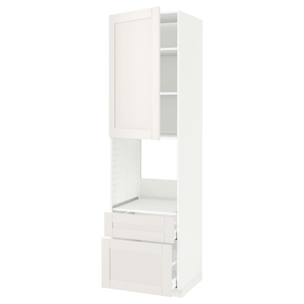 Высокий шкаф для духовки + дверца, 2 фронтальные панели, 1 средняя, 1 встроенный ящ, белый/Сэведаль белый 60x60x220 см IKEA - фото 1