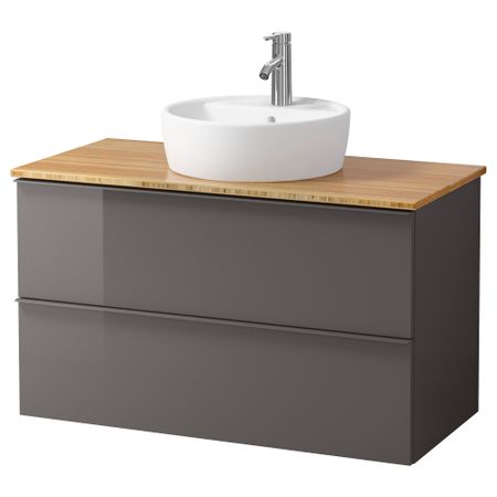 Шкаф п-раковину/столешн45/раковина ГОДМОРГОН/АЛДЕРН / ТОРНВИКЕН, глянцевый серый, бамбук (102x49x74 см)