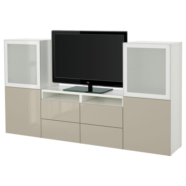 Шкаф для ТВ, комбинированный, стекляные дверцы БЕСТО, белый, Сельсвикен глянцевый/бежевый матовое стекло (240x40x128 см) - фото 1