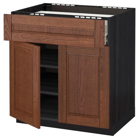 Напольный шкаф для варочной панели, ящик, полка, 2 дверцы МЕТОД / ФОРВАРА, черный, Филипстад коричневый (80x60 см)