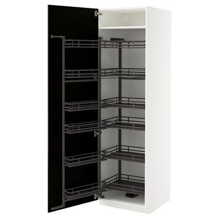 METOD Высокий шкаф с выдвижным модулем - белый/Bodbyn чёрный 60x60x200 см