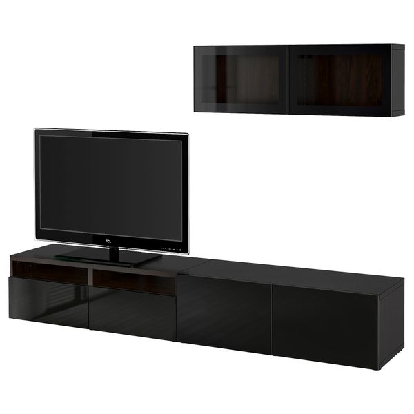 Шкаф для ТВ, комбинированный, стекляные дверцы БЕСТО, черно-коричневый, Сельсвикен глянцевый/черный прозрачное стекло - фото 1
