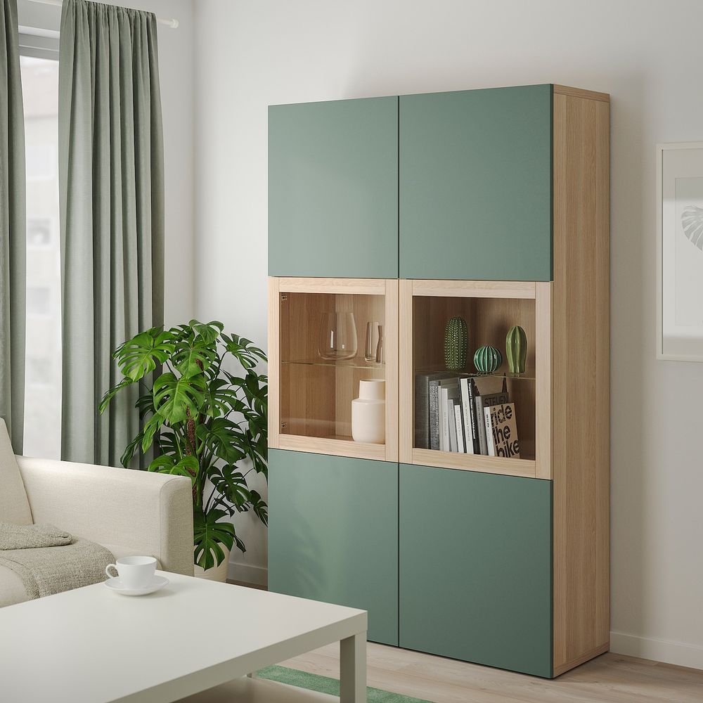 Комбинация для хранения + стеклянная дверц, под беленый дуб/Нотвикен серо-зеленый прозрачное стекло 120x42x192 см IKEA BESTÅ - фото 1