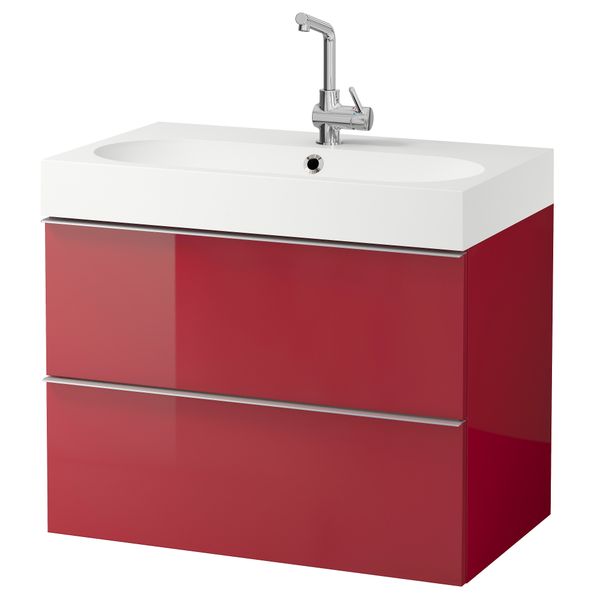 Шкаф для раковины с 2 ящиками ГОДМОРГОН / БРОВИКЕН, глянцевый красный (80x49x68 см) - фото 1