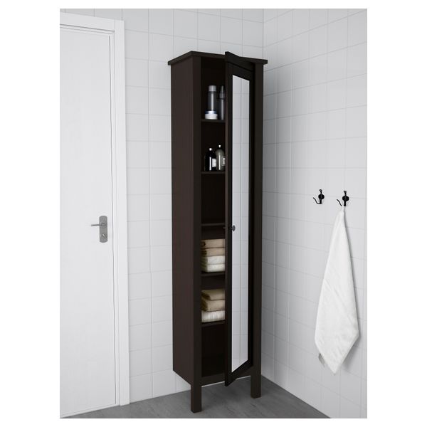 Высокий шкаф с зеркальной дверцей ХЕМНЭС, морилка черно-коричнев (49x31x200 см) - фото 2