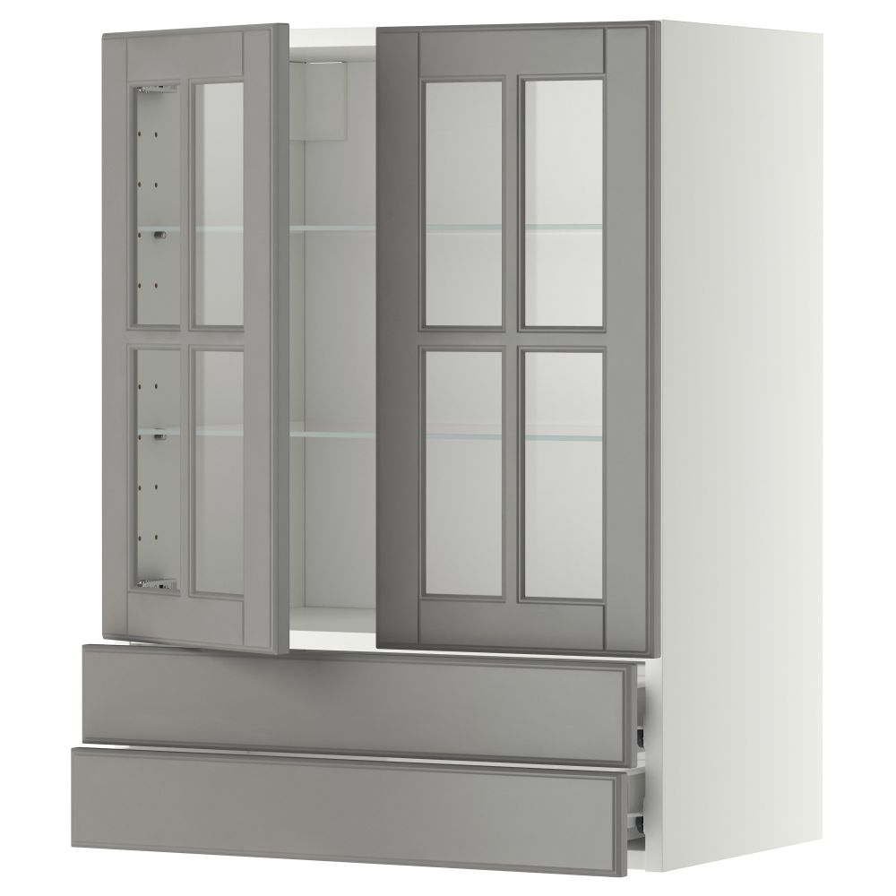 Навесной шкаф, 2 стеклянные дверцы, 2 ящика МЕТОД / ФОРВАРА, белый, Будбин серый - фото 1
