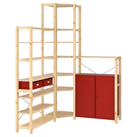 Угловой стеллаж со шкафом/ящиками, сосна/красный 145/145x30x226 см IKEA IVAR ИВАР 893.034.71