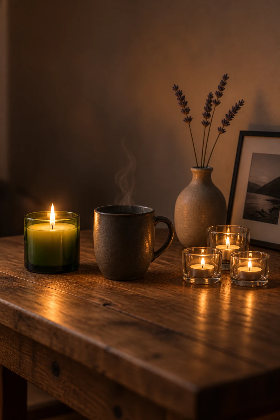 Вечерний натюрморт hygge: свеча HÖSTAGILLE в зелёном стакане, серая кружка DINERA и стеклянные подсвечники FINSMAK
