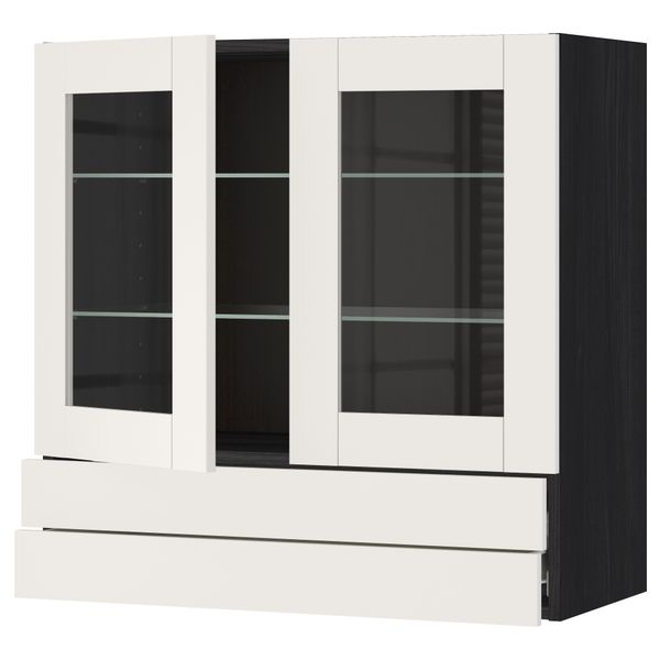 Навесной шкаф, 2 стеклянные дверцы, 2 ящика МЕТОД / ФОРВАРА, черный, Сэведаль белый - схема-чертеж с размерами