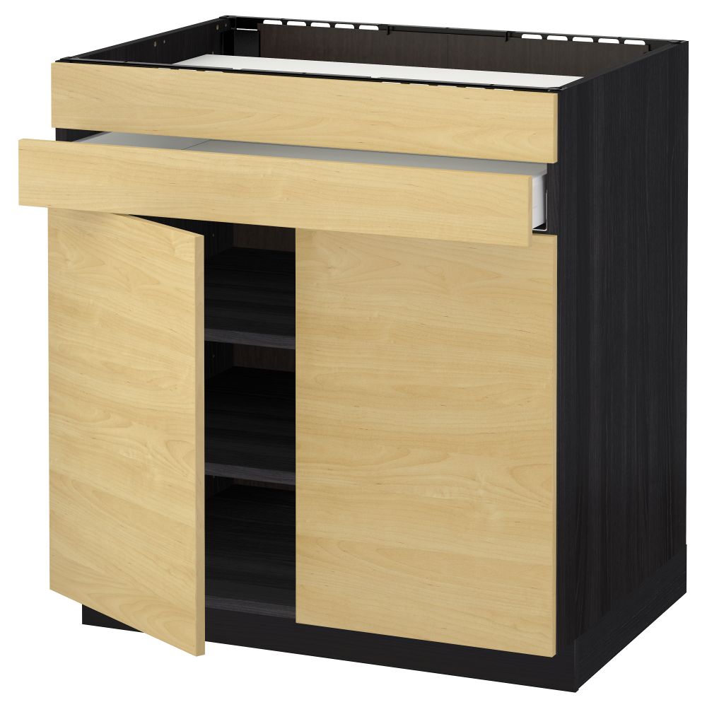 Напольный шкаф для варочной панели, 2 ящика, 2 фасада, 1 ящик МЕТОД / МАКСИМЕРА, черный, Тингсрид береза (80x60 см) - схема-чертеж с размерами