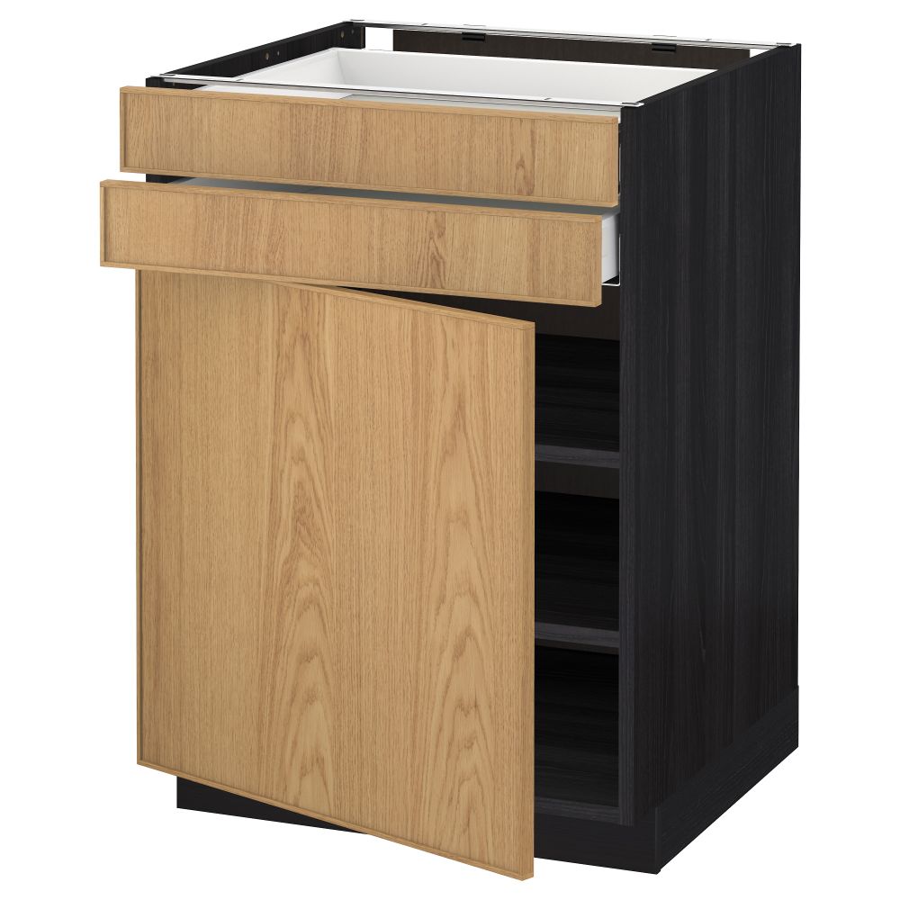 Напольный шкаф с дверцей, 2 ящиками МЕТОД / МАКСИМЕРА, черный, Экестад дуб - схема-чертеж с размерами